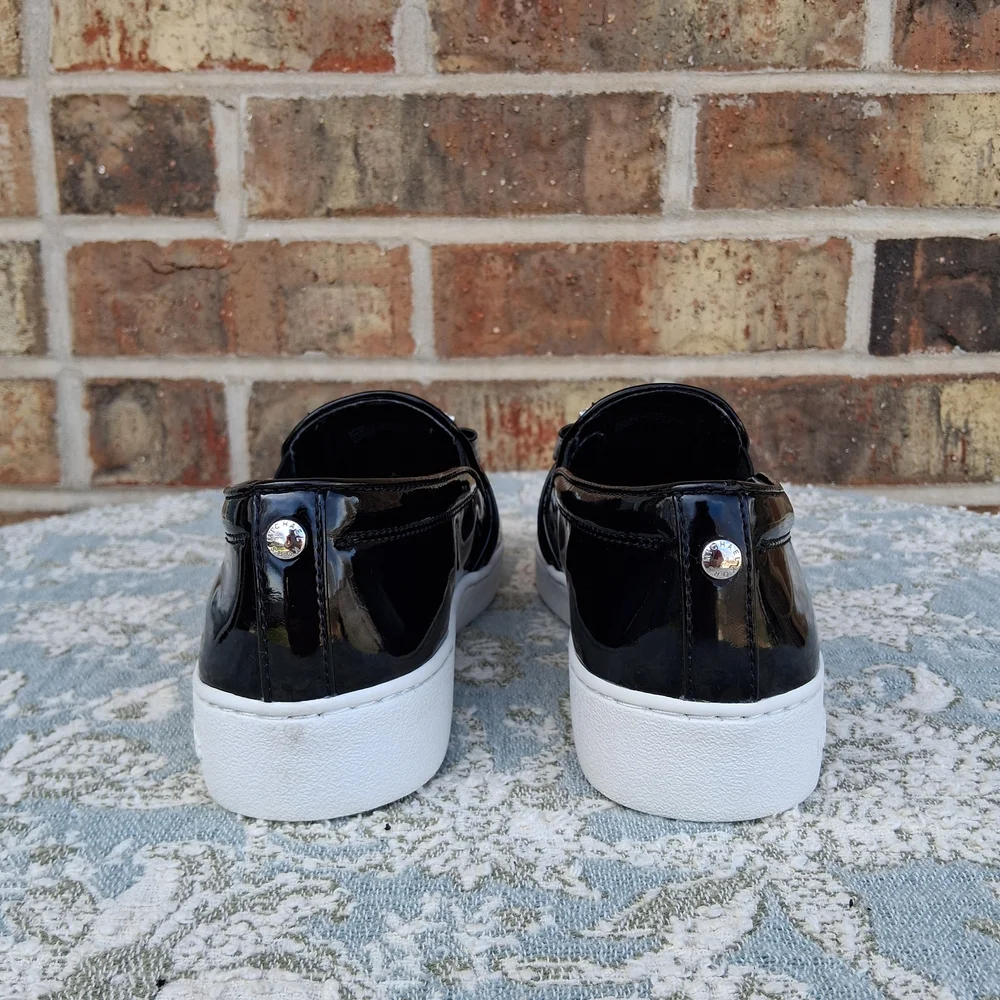 🏵 MICHAEL Michael Kors Black Patent Leather Slip On Sneakers with Crystals Sz.6 - Picture 8 of 14